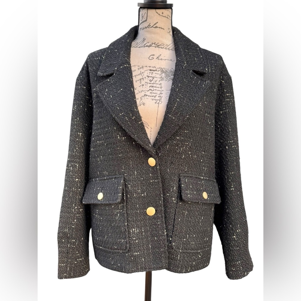 House of Harlow 1960 Black Tweed Blazer with Gold Buttons Women’s Size Large